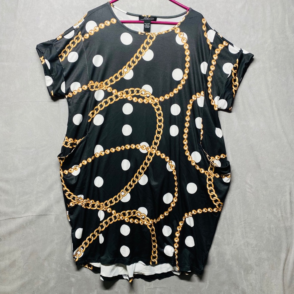 Midnight Velvet Black White Polka Dot Gold Chain Print Tunic Dress Size‎ S